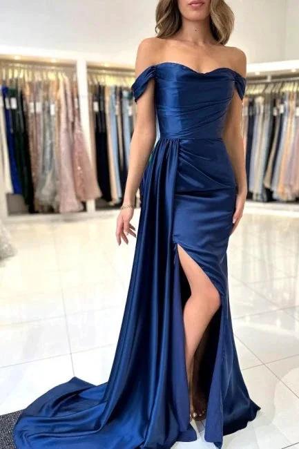 A-Line Stain Royal Blue Sweetheart Split Front Off-the-Shoulder Strapless Prom Dresses with Ruffles - Image 2