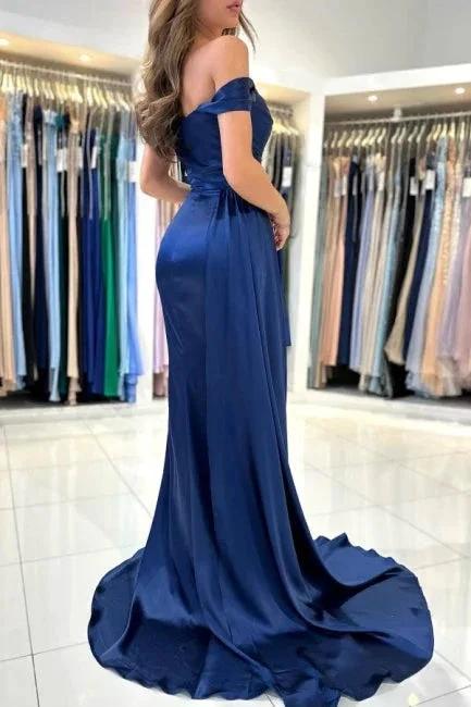A-Line Stain Royal Blue Sweetheart Split Front Off-the-Shoulder Strapless Prom Dresses with Ruffles - Image 5