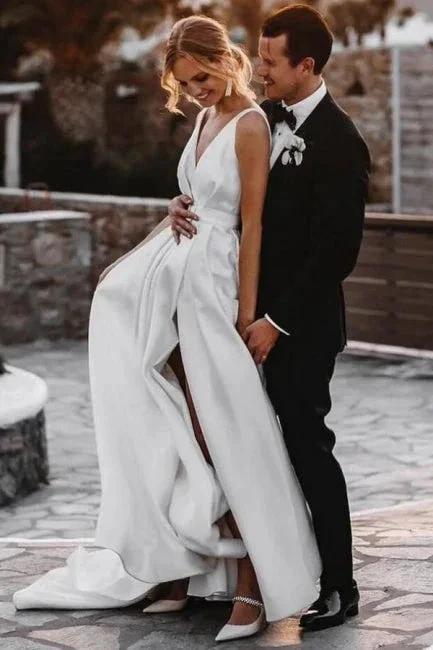 A-Line Stain V-Neck Split Front Sleeveless Wedding Dresses with Ruffles - Image 2