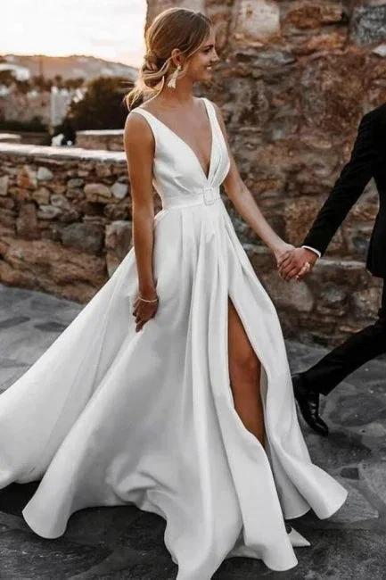 A-Line Stain V-Neck Split Front Sleeveless Wedding Dresses with Ruffles - Image 3