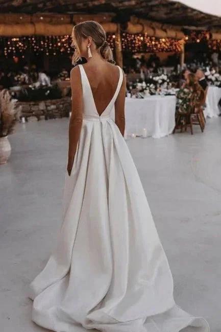 A-Line Stain V-Neck Split Front Sleeveless Wedding Dresses with Ruffles - Image 4