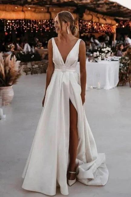 A-Line Stain V-Neck Split Front Sleeveless Wedding Dresses with Ruffles - Image 5