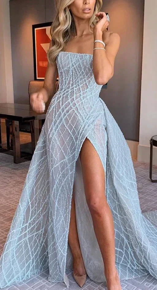 Celia | A-line Strapless Blue Long Prom Dresses Unique Evening Dress - Image 4