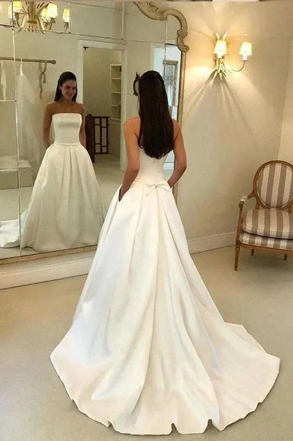 A-line Strapless Open Back Satin  Ivory Wedding Dress with Pockets  WD395 - Image 2