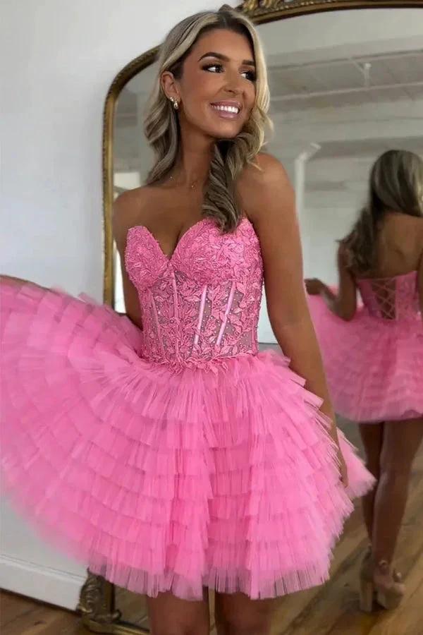 A Line Strapless Tulle Pink Homecoming Dress With Beading PD572 - Image 2