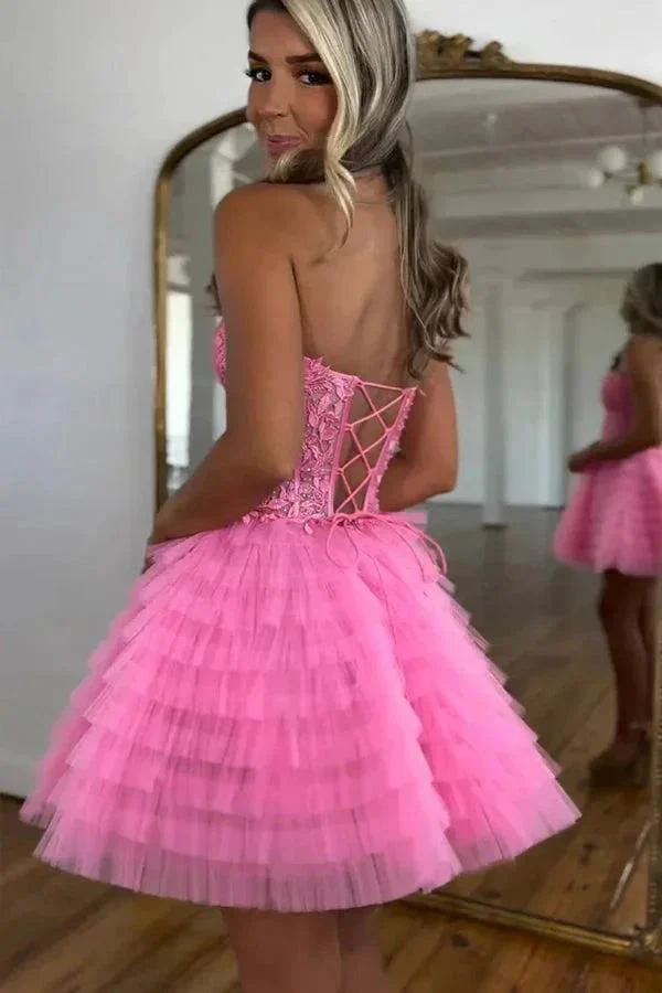 A Line Strapless Tulle Pink Homecoming Dress With Beading PD572 - Image 3