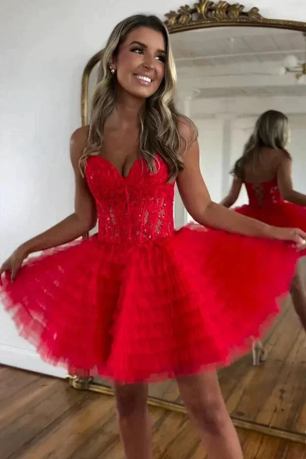 A Line Strapless Tulle Pink Homecoming Dress With Beading PD572 - Image 4
