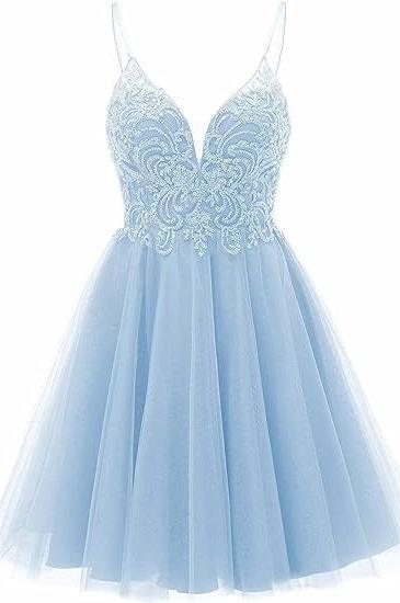 A-line Straps Appliques Tulle Short Homecoming Dress - Image 2