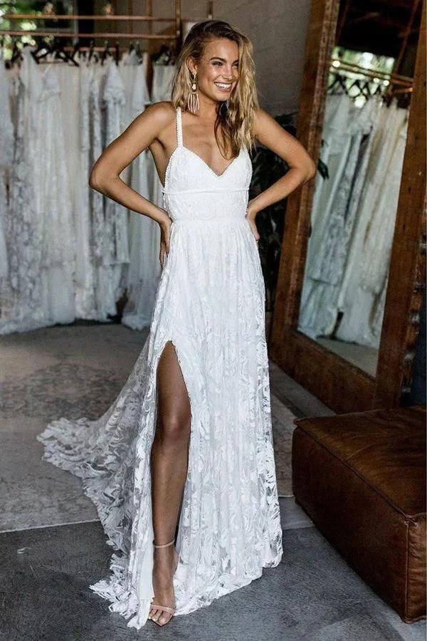 A-Line Straps Backless Court Train Lace Beach Wedding Dress WD108 - Image 2