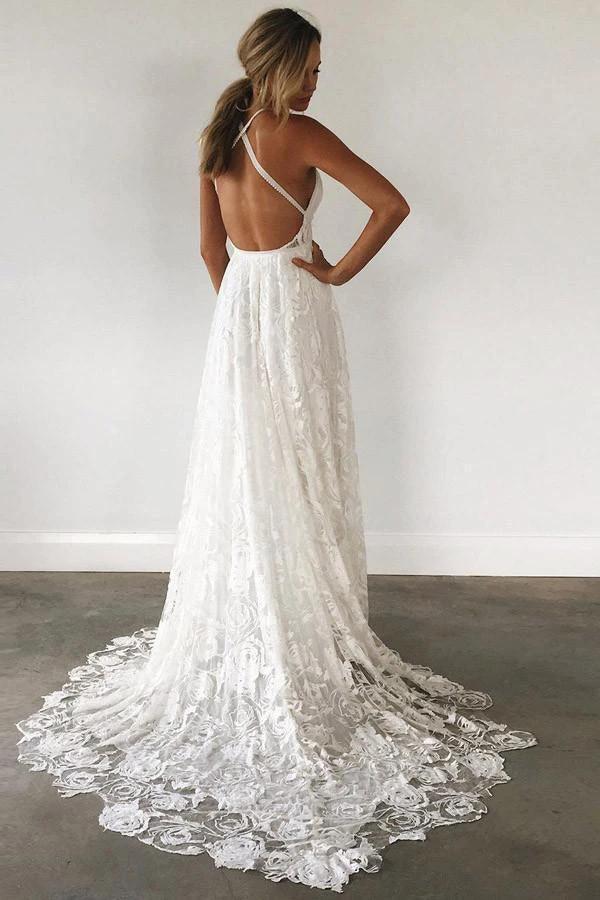A-Line Straps Backless Court Train Lace Beach Wedding Dress WD108 - Image 3