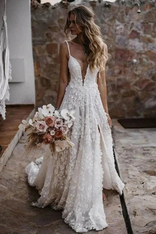 A-Line Straps Lace Beach Wedding Dress Boho Bridal Gown With Split WD657 - Image 2