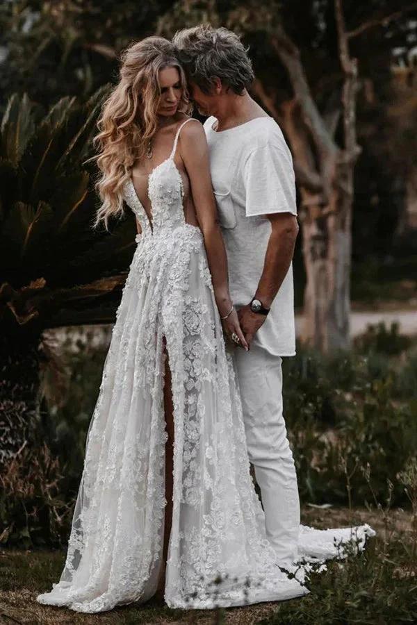 A-Line Straps Lace Beach Wedding Dress Boho Bridal Gown With Split WD657 - Image 3