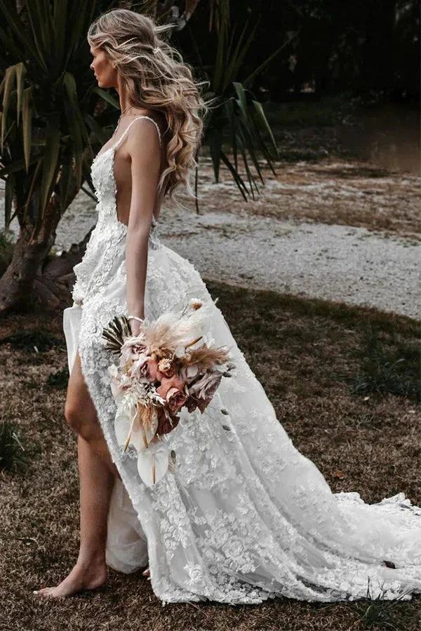A-Line Straps Lace Beach Wedding Dress Boho Bridal Gown With Split WD657 - Image 4
