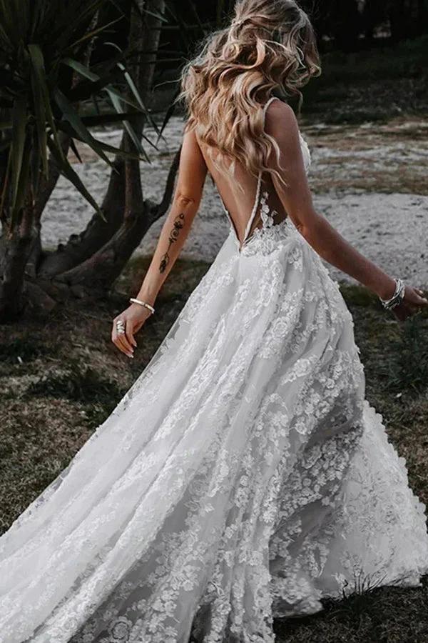 A-Line Straps Lace Beach Wedding Dress Boho Bridal Gown With Split WD657 - Image 5