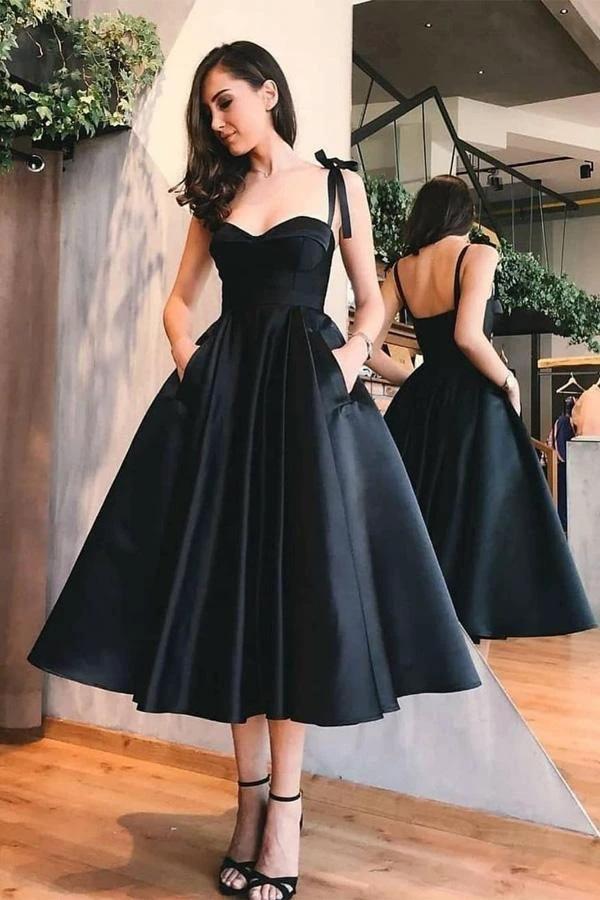 A-Line Straps Mid-Calf Sky Blue Satin Homecoming Dress with Pockets PD057 - Image 2