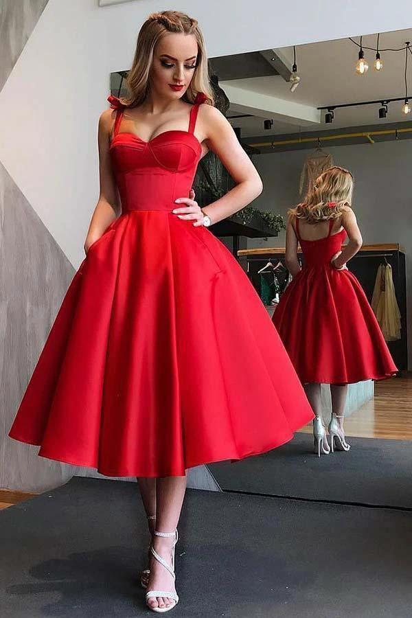 A-Line Straps Mid-Calf Sky Blue Satin Homecoming Dress with Pockets PD057 - Image 3