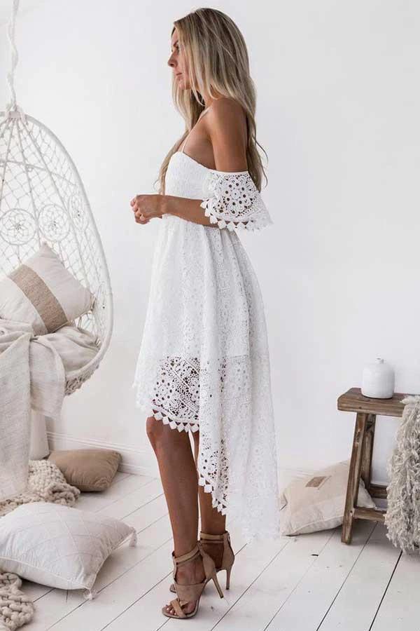 A-Line Straps Off-the-shoulder High Low White Lace Homecoming Dress  PD013 - Image 2