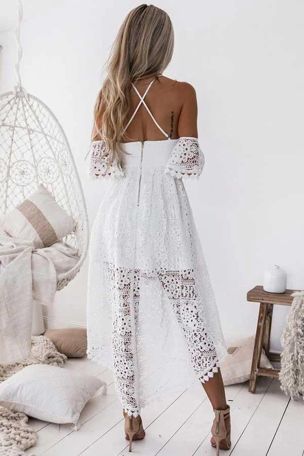 A-Line Straps Off-the-shoulder High Low White Lace Homecoming Dress  PD013 - Image 3