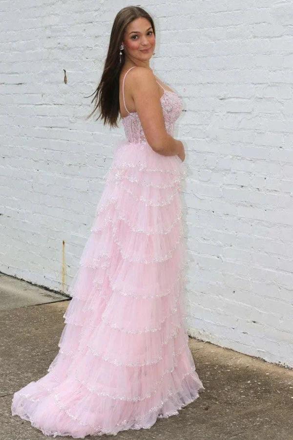 A-line Straps Plunging Neck Pink Sequin Lace Prom Dresses PSK484 - Image 2