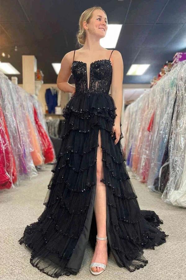 A-line Straps Plunging Neck Pink Sequin Lace Prom Dresses PSK484 - Image 3