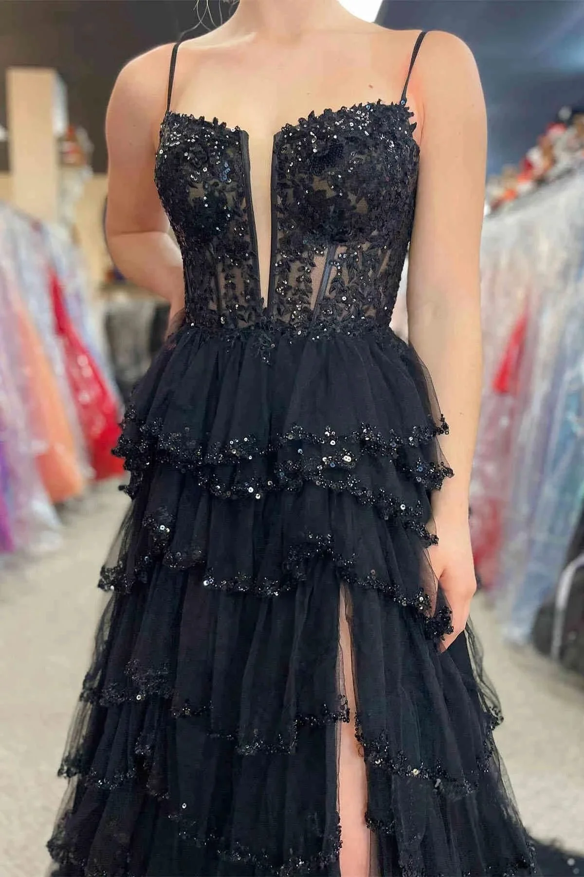 A-line Straps Plunging Neck Pink Sequin Lace Prom Dresses PSK484 - Image 4