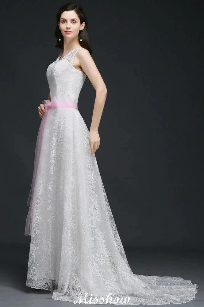 A-line Straps White Wedding Dress With Bowknot - Image 2