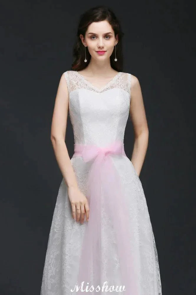A-line Straps White Wedding Dress With Bowknot - Image 3