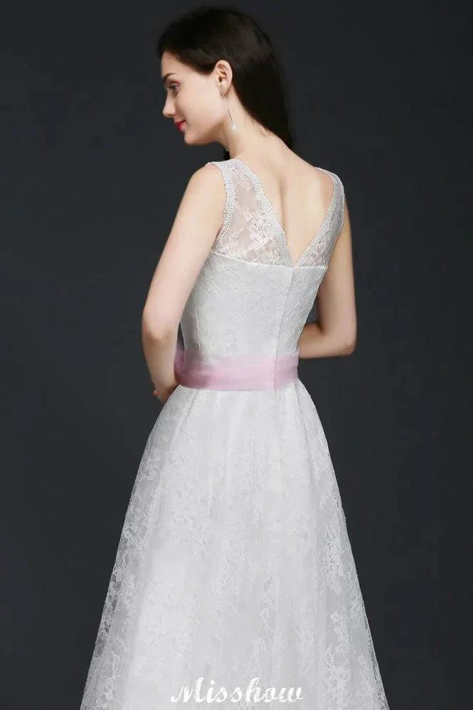 A-line Straps White Wedding Dress With Bowknot - Image 4