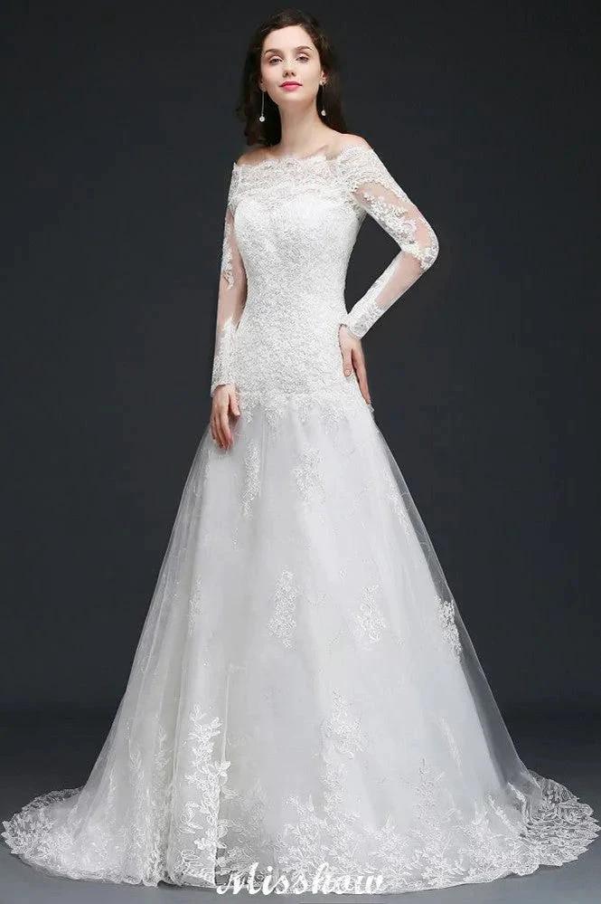 A-line Sweep-train Ivory Wedding Dress with Lace - Image 2