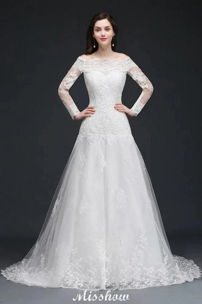 A-line Sweep-train Ivory Wedding Dress with Lace - Image 3
