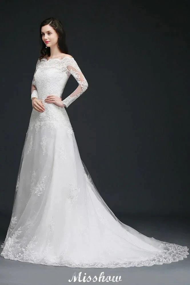 A-line Sweep-train Ivory Wedding Dress with Lace - Image 4