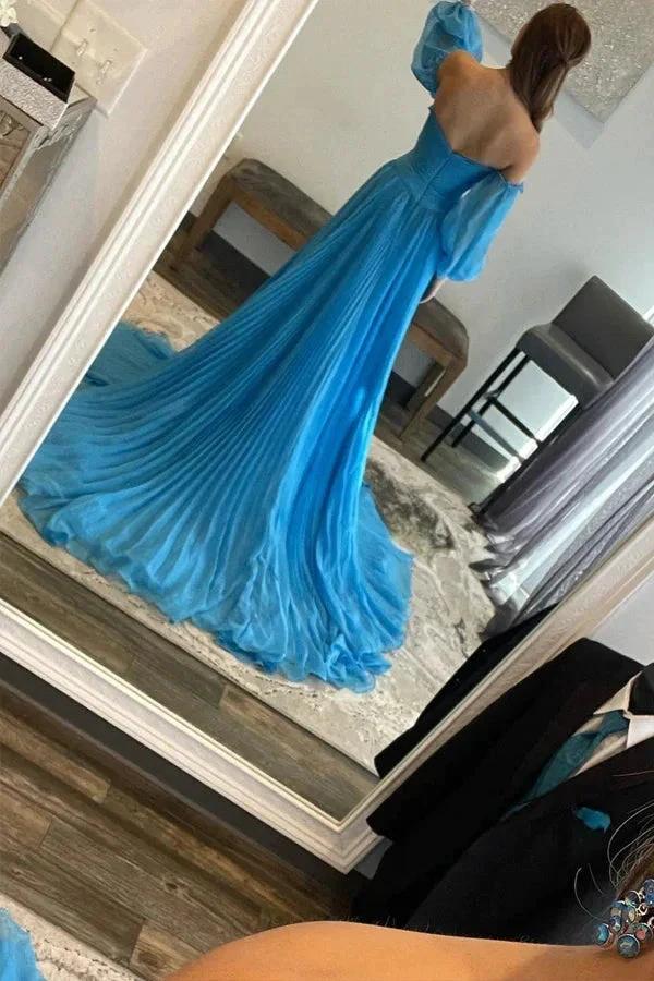 A Line Sweetheart Blue Long Chiffon Prom Dress With Split PSK524 - Image 3