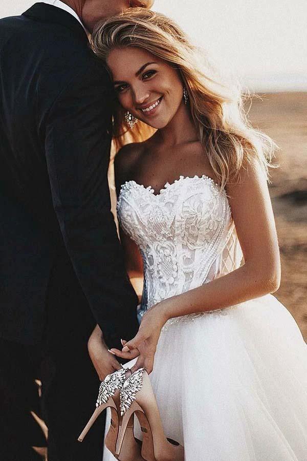 A-Line Sweetheart Court Train Tulle Wedding Dress with Appliques  WD325 - Image 2