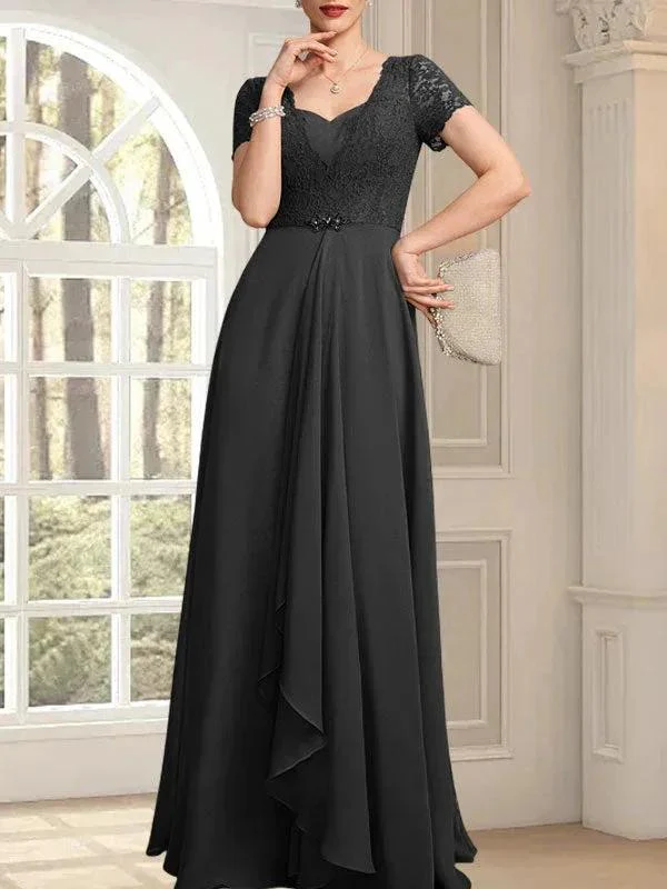 A-line Sweetheart Floor-Length Chiffon Lace Mother of the Bride Dress With Beading Cascading Ruffles - Image 10