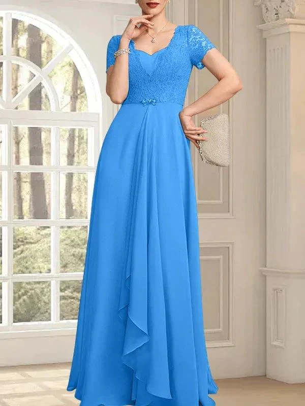 A-line Sweetheart Floor-Length Chiffon Lace Mother of the Bride Dress With Beading Cascading Ruffles - Image 11
