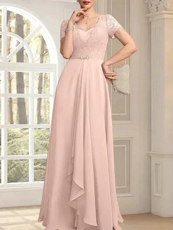 A-line Sweetheart Floor-Length Chiffon Lace Mother of the Bride Dress With Beading Cascading Ruffles - Image 12