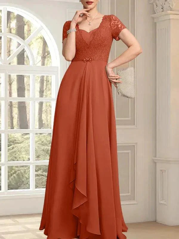 A-line Sweetheart Floor-Length Chiffon Lace Mother of the Bride Dress With Beading Cascading Ruffles - Image 13