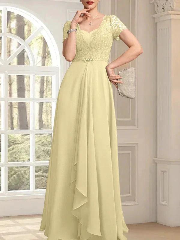 A-line Sweetheart Floor-Length Chiffon Lace Mother of the Bride Dress With Beading Cascading Ruffles - Image 14