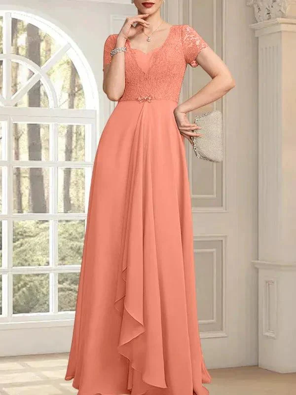 A-line Sweetheart Floor-Length Chiffon Lace Mother of the Bride Dress With Beading Cascading Ruffles - Image 16