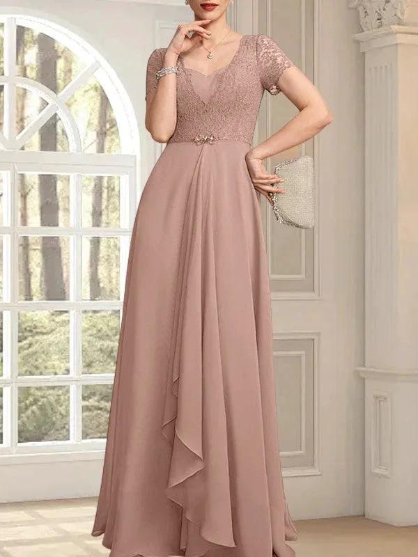 A-line Sweetheart Floor-Length Chiffon Lace Mother of the Bride Dress With Beading Cascading Ruffles - Image 17
