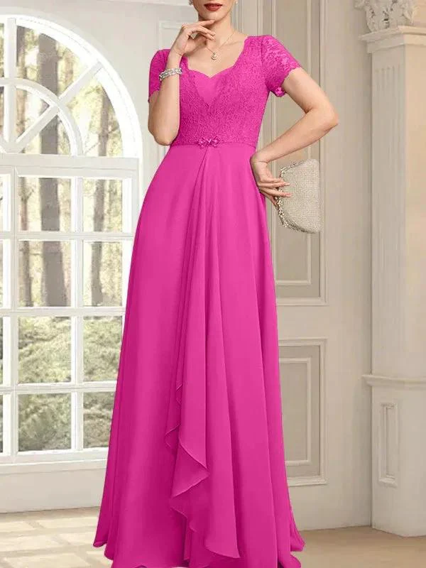 A-line Sweetheart Floor-Length Chiffon Lace Mother of the Bride Dress With Beading Cascading Ruffles - Image 18