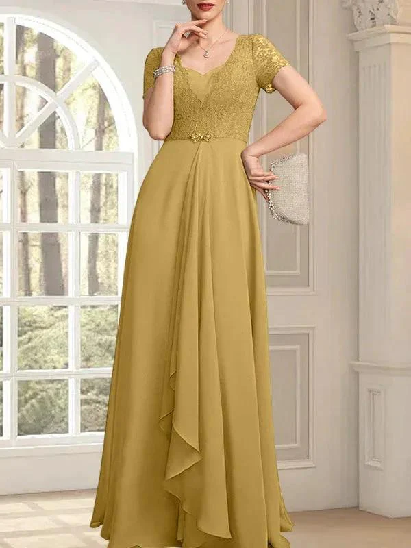 A-line Sweetheart Floor-Length Chiffon Lace Mother of the Bride Dress With Beading Cascading Ruffles - Image 19
