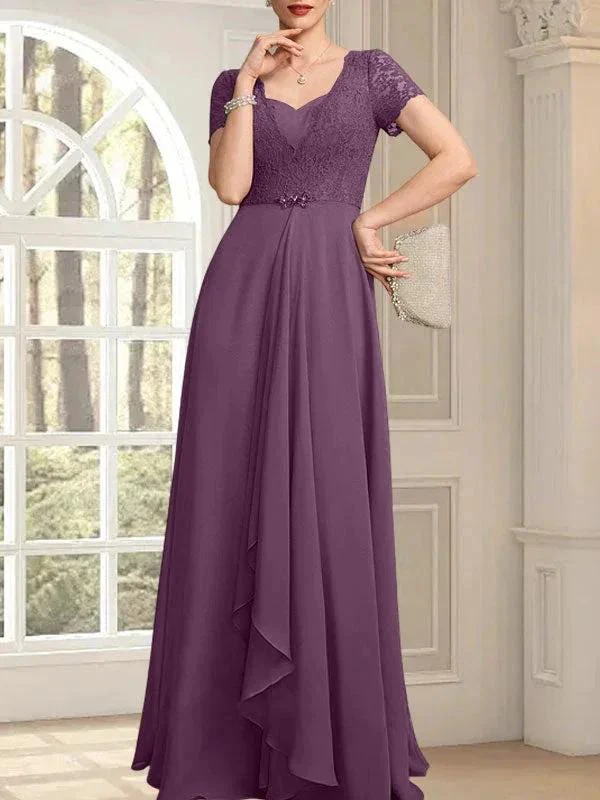 A-line Sweetheart Floor-Length Chiffon Lace Mother of the Bride Dress With Beading Cascading Ruffles - Image 20