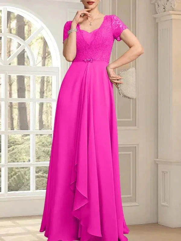 A-line Sweetheart Floor-Length Chiffon Lace Mother of the Bride Dress With Beading Cascading Ruffles - Image 21