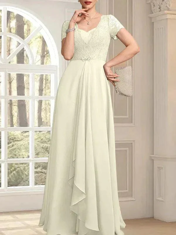 A-line Sweetheart Floor-Length Chiffon Lace Mother of the Bride Dress With Beading Cascading Ruffles - Image 22