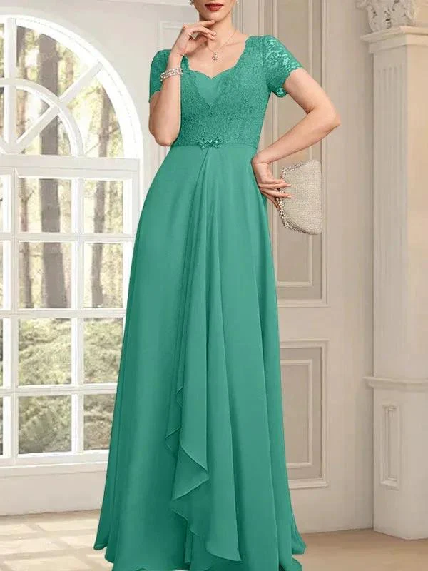 A-line Sweetheart Floor-Length Chiffon Lace Mother of the Bride Dress With Beading Cascading Ruffles - Image 23