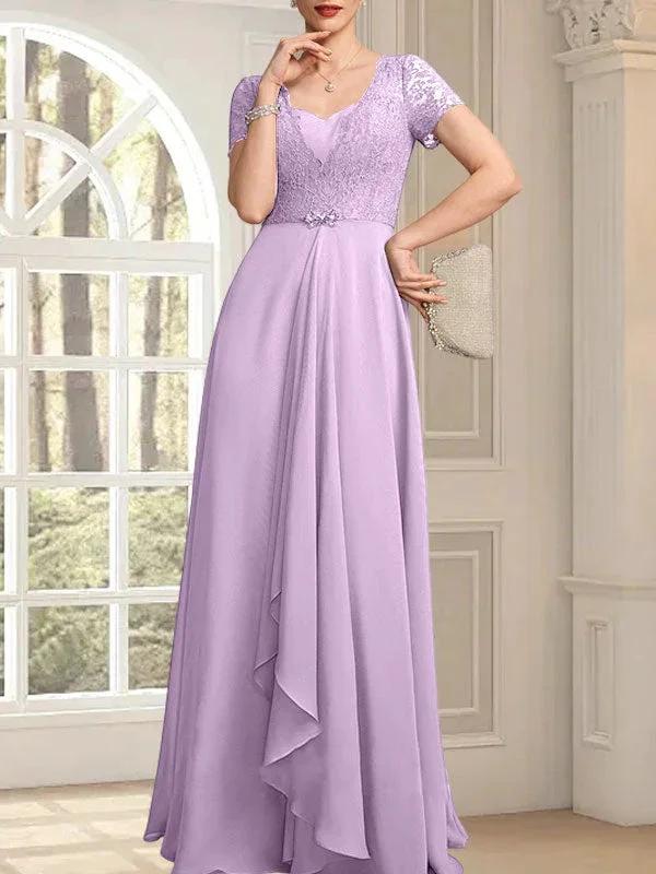 A-line Sweetheart Floor-Length Chiffon Lace Mother of the Bride Dress With Beading Cascading Ruffles - Image 24
