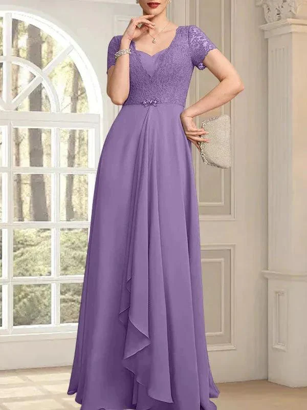 A-line Sweetheart Floor-Length Chiffon Lace Mother of the Bride Dress With Beading Cascading Ruffles - Image 25