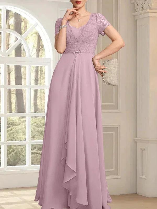 A-line Sweetheart Floor-Length Chiffon Lace Mother of the Bride Dress With Beading Cascading Ruffles - Image 26