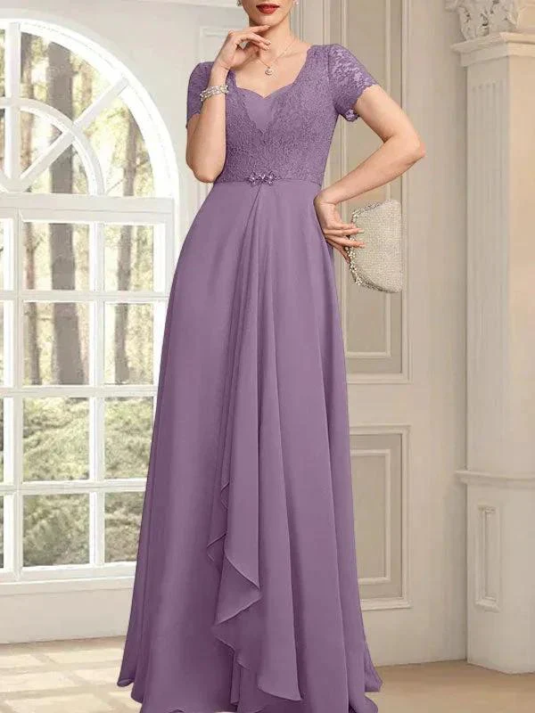 A-line Sweetheart Floor-Length Chiffon Lace Mother of the Bride Dress With Beading Cascading Ruffles - Image 27
